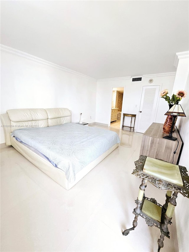 tiled bedroom with ornamental molding