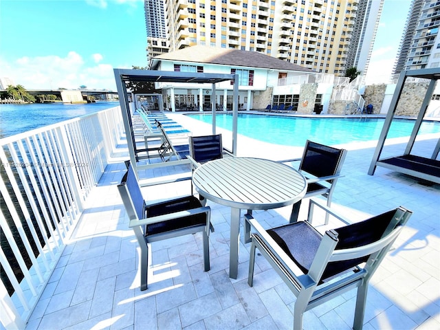 view of swimming pool with a patio area and pool water feature