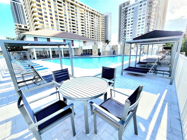 view of swimming pool featuring a gazebo and a patio area