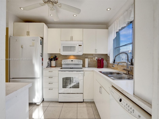 kitchen with backsplash, ceiling fan, white appliances, sink, and light tile floors