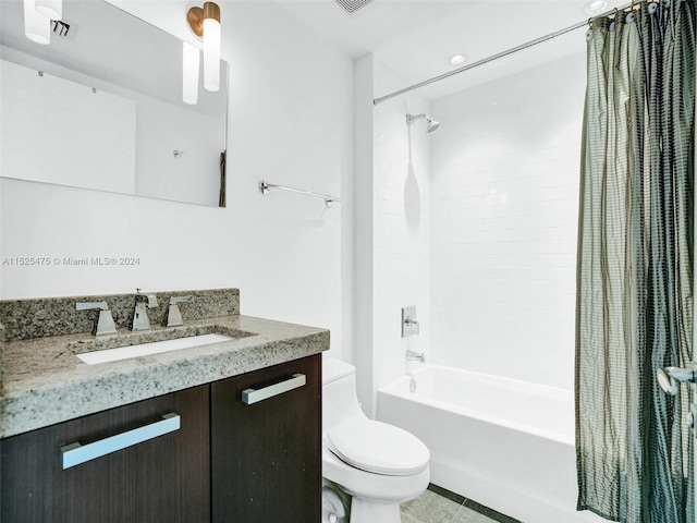 full bathroom with shower / bath combo, tile patterned flooring, vanity, and toilet