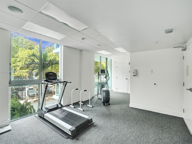 exercise area featuring a drop ceiling, a wall of windows, and plenty of natural light