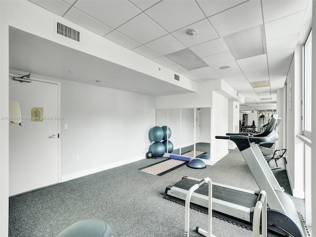 exercise room featuring a drop ceiling and carpet flooring