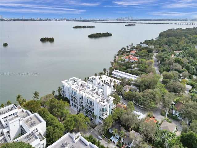 drone / aerial view with a water view