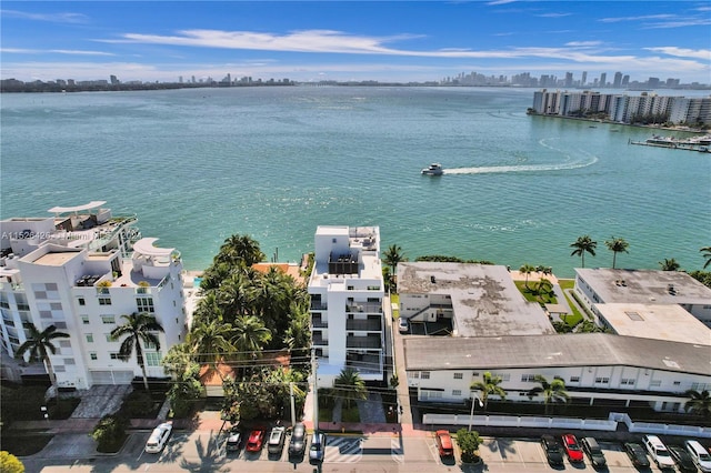 birds eye view of property featuring a water view