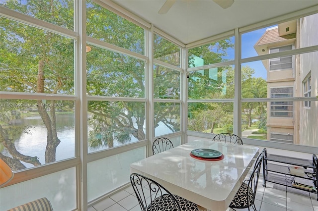 sunroom featuring ceiling fan and a water view