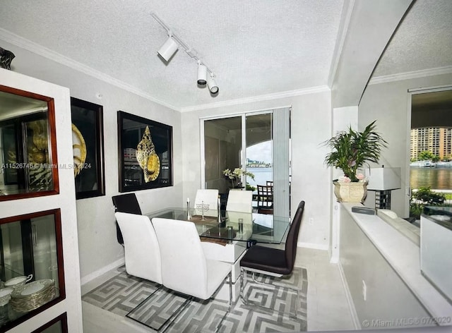 interior space with a textured ceiling, a healthy amount of sunlight, a water view, and rail lighting