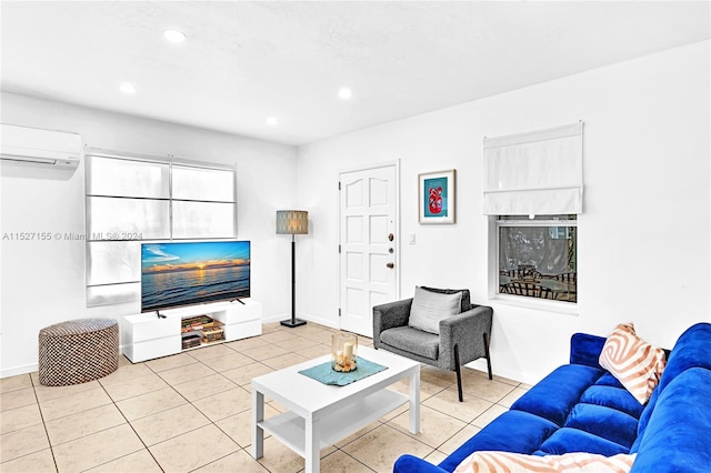 tiled living room featuring a wall mounted AC