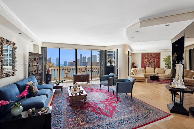 living room featuring light hardwood / wood-style flooring and crown molding