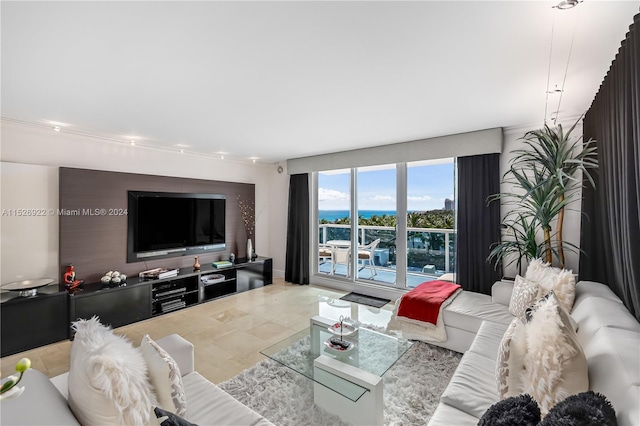 living room featuring light tile floors