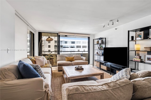 living room featuring a wealth of natural light, a wall of windows, and rail lighting