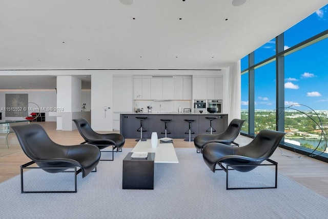 living room with expansive windows, light wood-type flooring, and a water view