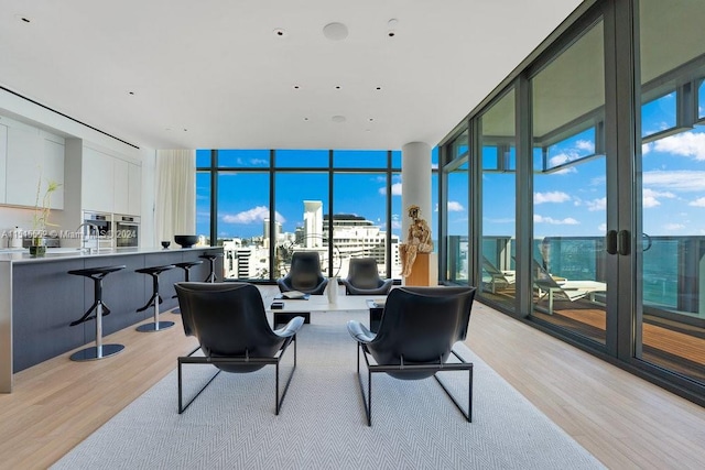 living room featuring floor to ceiling windows and light hardwood / wood-style floors