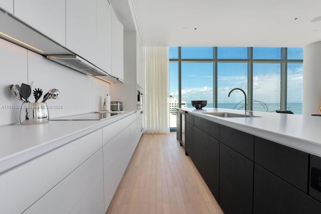 kitchen with a water view, sink, black electric cooktop, white cabinets, and light hardwood / wood-style floors