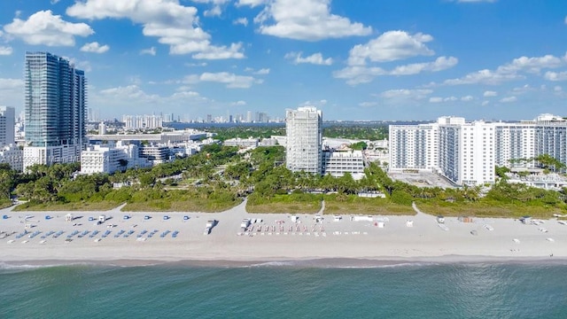 drone / aerial view with a water view and a view of the beach