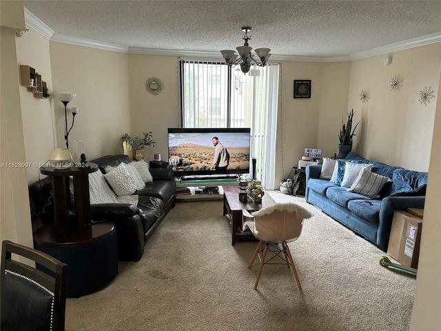 living room with an inviting chandelier, ornamental molding, a textured ceiling, and carpet