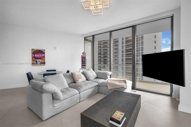 tiled living room featuring expansive windows