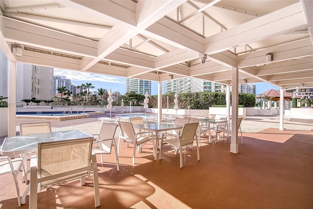 20185 E Country Club Dr Unit 202/203, Aventura, FL 33180 - view of patio with outdoor dining area, a community pool, and a view of city