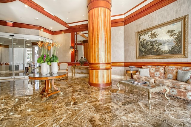 20185 E Country Club Dr Unit 202/203, Aventura, FL 33180 - community lobby featuring ornamental molding and wallpapered walls