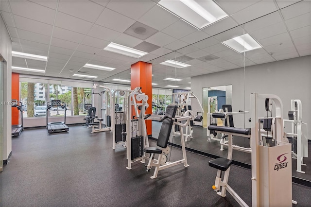 gym with a paneled ceiling