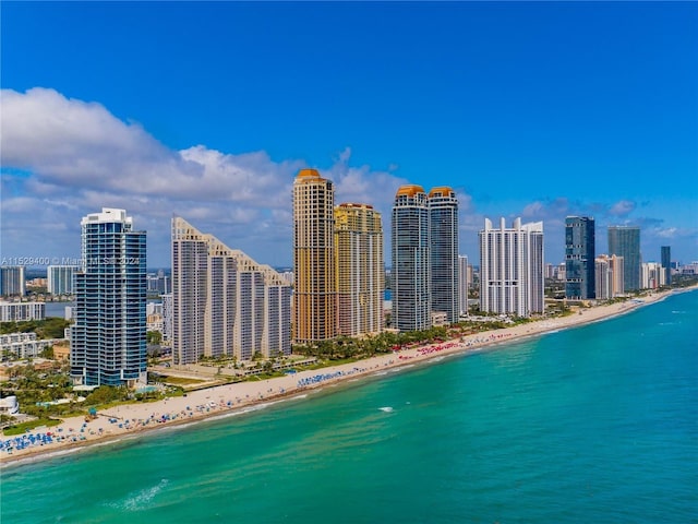 bird's eye view with a water view and a view of the beach