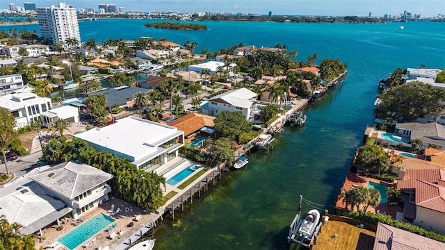 drone / aerial view with a water view