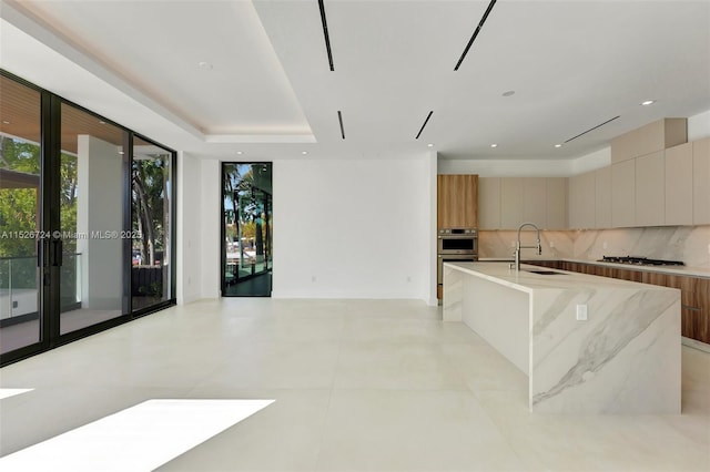 kitchen featuring appliances with stainless steel finishes, light stone counters, decorative backsplash, sink, and a kitchen island with sink