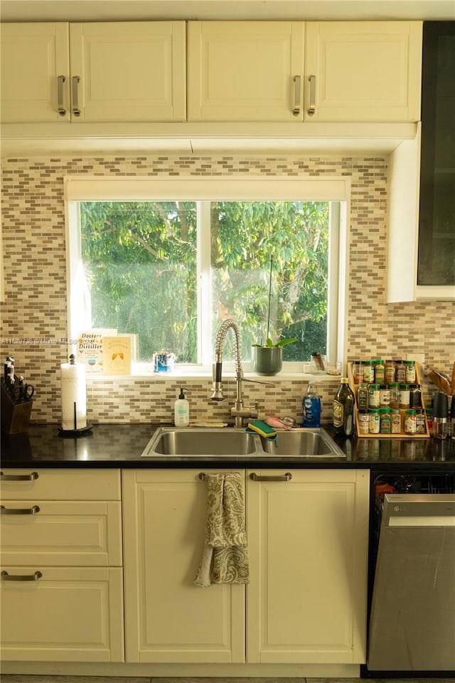 kitchen featuring sink, tasteful backsplash, white cabinets, and stainless steel dishwasher