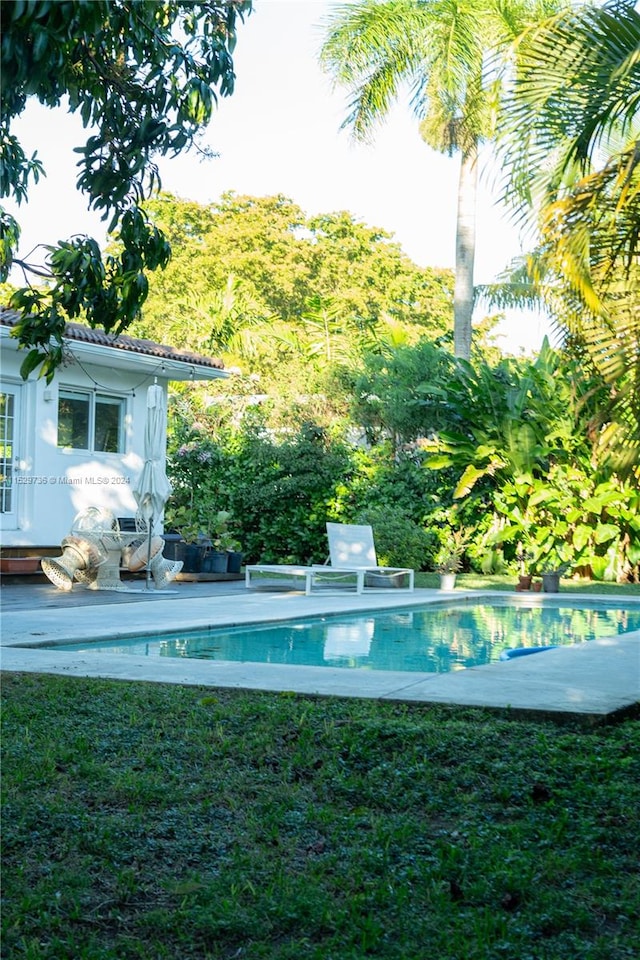 view of swimming pool with a lawn