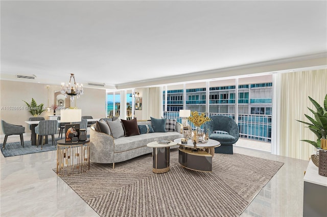 living room featuring a chandelier