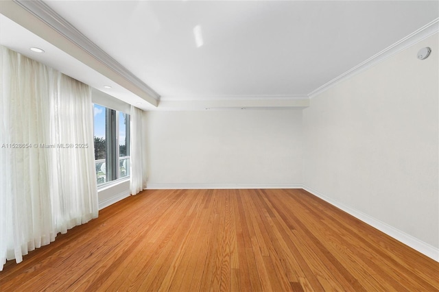 unfurnished room featuring ornamental molding and light wood-type flooring