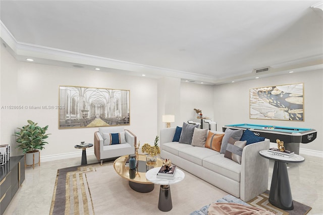 living room featuring pool table and ornamental molding