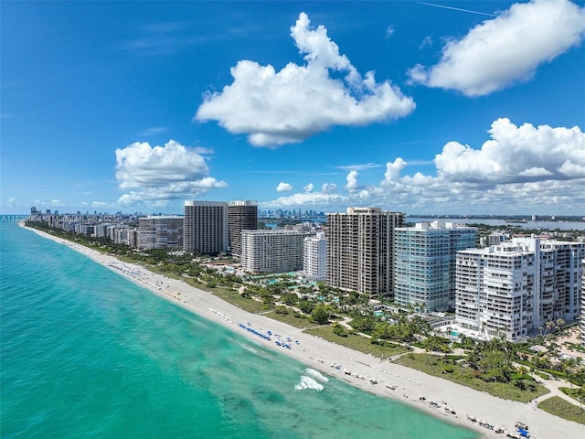 bird's eye view with a water view and a view of the beach