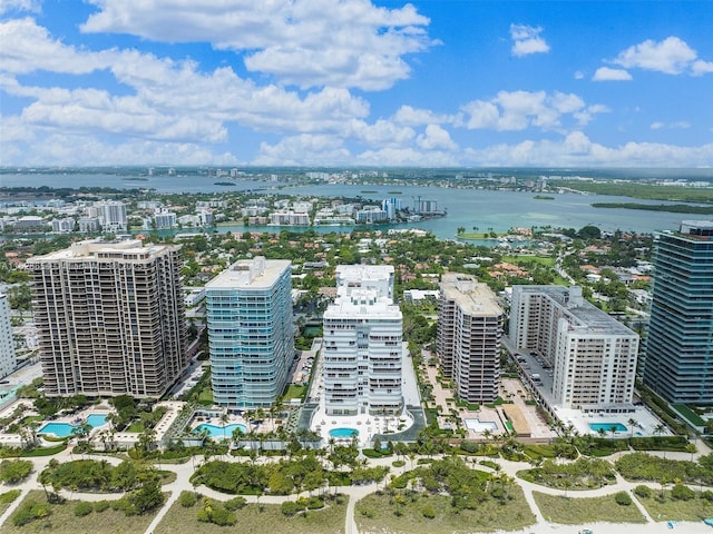 birds eye view of property featuring a water view