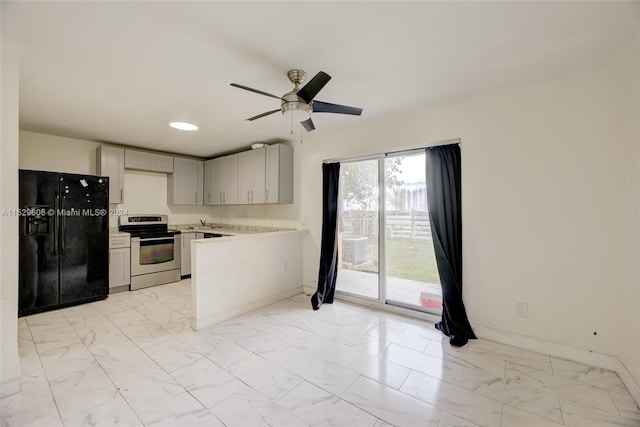 kitchen featuring stainless steel electric range, ceiling fan, black fridge, and light tile flooring