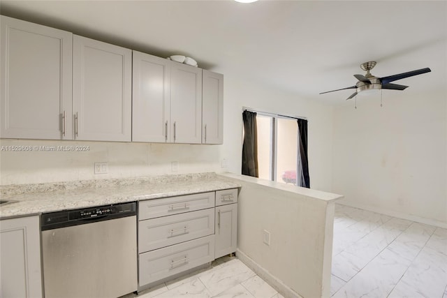 kitchen featuring kitchen peninsula, ceiling fan, light tile floors, light stone counters, and stainless steel dishwasher