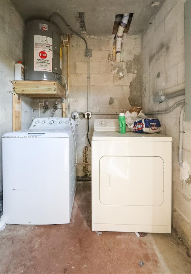 laundry room featuring water heater and washer and clothes dryer