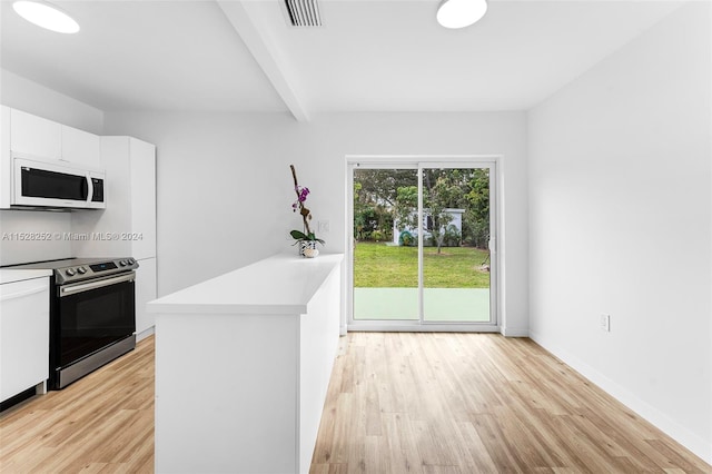 kitchen with white cabinetry, stainless steel electric stove, beam ceiling, and light wood-type flooring