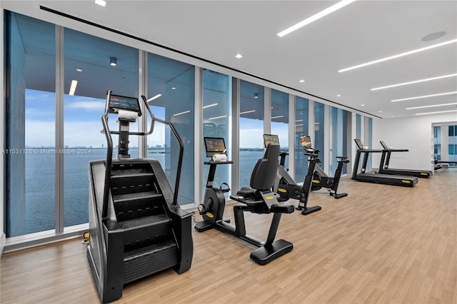 gym with a water view, expansive windows, and light wood-type flooring