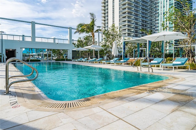 view of swimming pool with a patio area