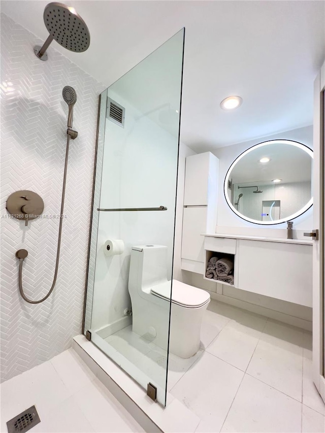 bathroom featuring a shower, tile flooring, and toilet