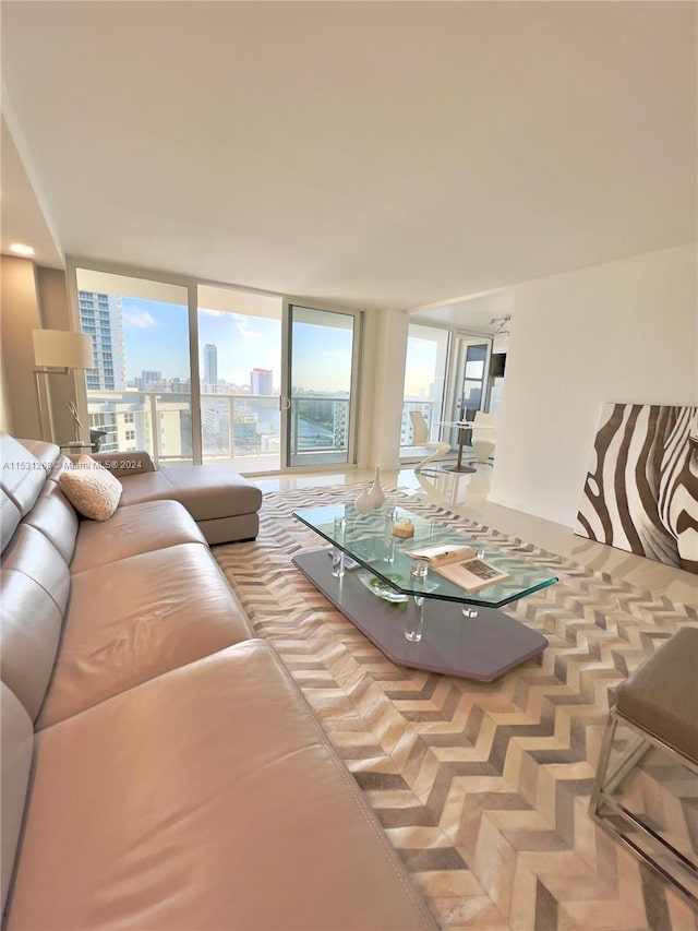 living room featuring floor to ceiling windows and parquet flooring