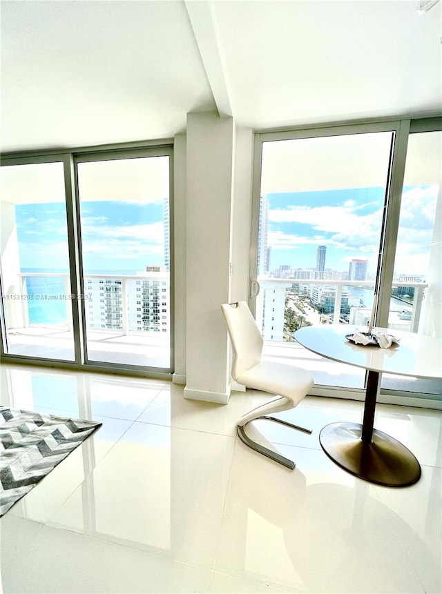 living area featuring tile floors and a wall of windows