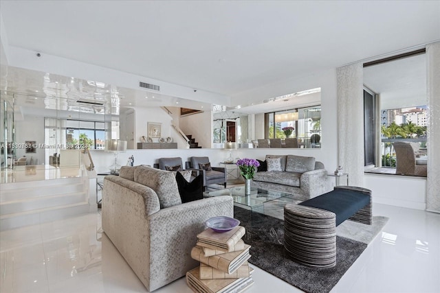 living room with light tile flooring