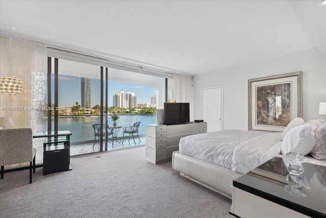 carpeted bedroom with a water view and access to outside