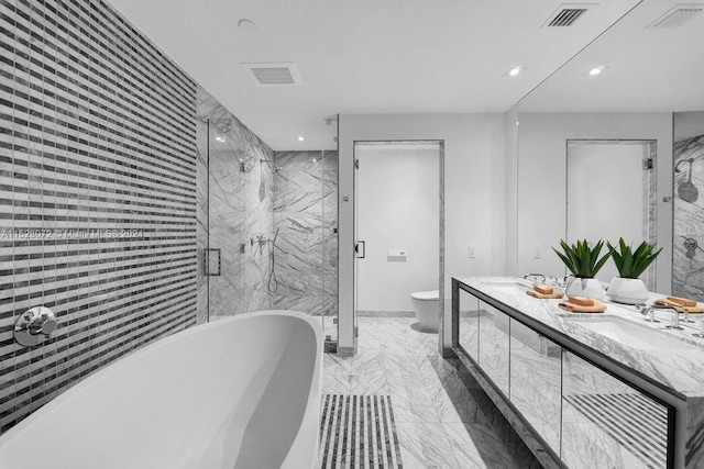 full bathroom featuring toilet, dual bowl vanity, plus walk in shower, and tile flooring