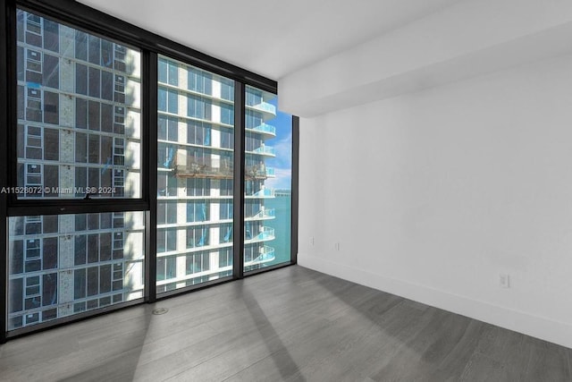 empty room with dark hardwood / wood-style flooring and a wall of windows