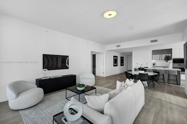 living room featuring light hardwood / wood-style floors and sink