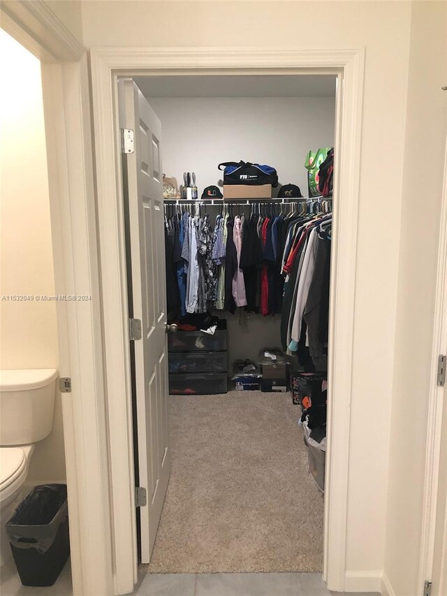 walk in closet with light colored carpet