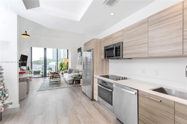 kitchen featuring sink, appliances with stainless steel finishes, a tray ceiling, and light hardwood / wood-style flooring